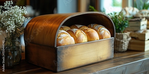 Vintage wooden roll-top breadbox, elegantly displaying fresh loaves, embodying classic 50s kitchen charm, inviting warmth and nostalgia photo