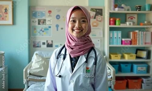 A girl pediatrician wearing a hijab photo