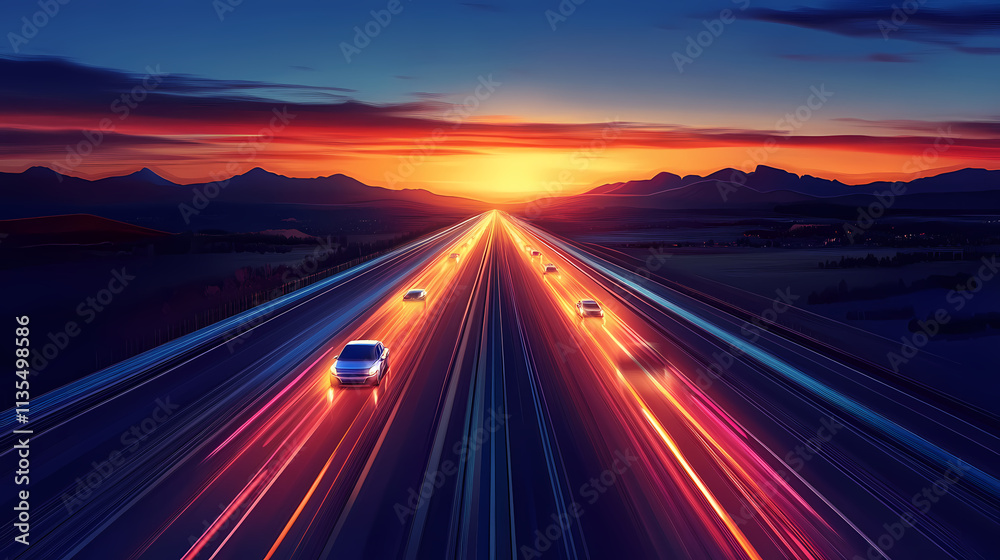 Obraz premium Futuristic desert highway, holographic mirages, highspeed vehicles, dusk. Nightfall. Illustration