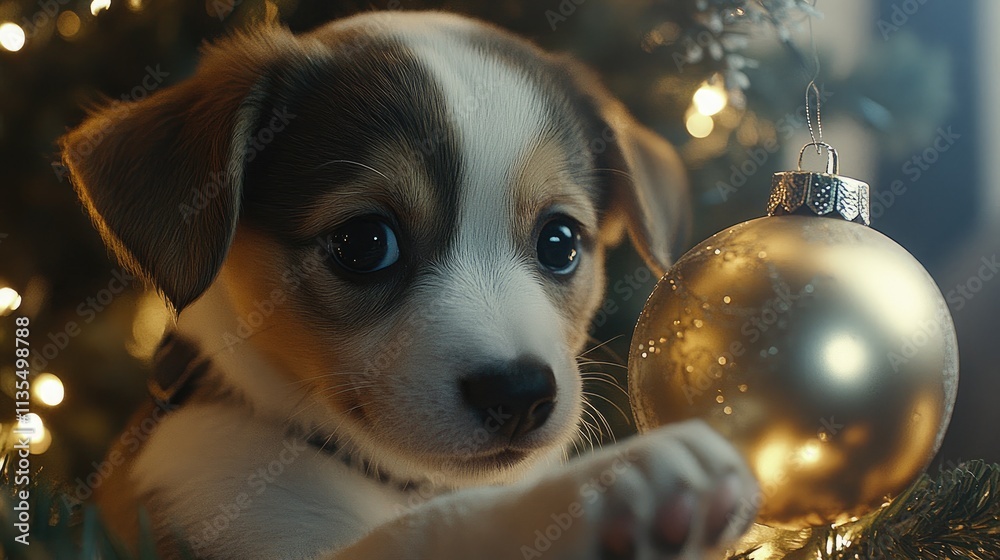 Adorable Puppy Playfully Interacting with Christmas Ornament Adorable Puppy Playfully Interacting with Christmas Ornament