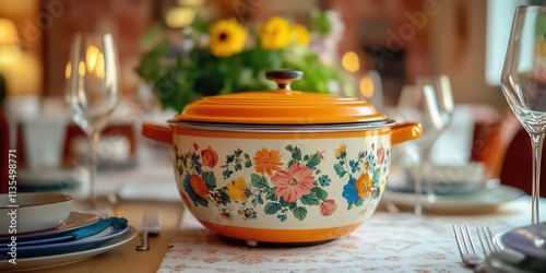 Vintage orange slow cooker adorned with floral patterns, displayed on a charming dining table, evoking a nostalgic 70's kitchen ambiance.