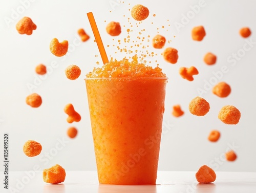 A vibrant orange drink topped with ice and surrounded by floating snack puffs.