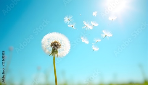 Spring Breeze Carrying Dandelion Fluff Against a Sunny Background
