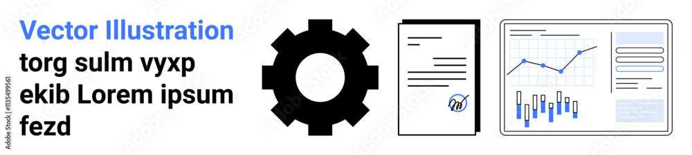 Gear, document with check mark, and graph with data charts represent business efficiency and analysis. Ideal for business reports, data visualization, process optimization, analytics, project Gear, document with check mark, and graph with data charts represent business efficiency and analysis. Ideal for business reports, data visualization, process optimization, analytics, project