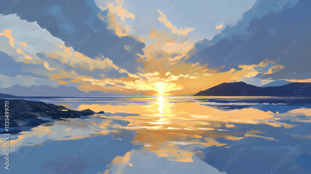 Fototapeta premium Radiant sunrise over calm ocean: stunning golden rays reflecting on tranquil waters. Nightfall. Illustration