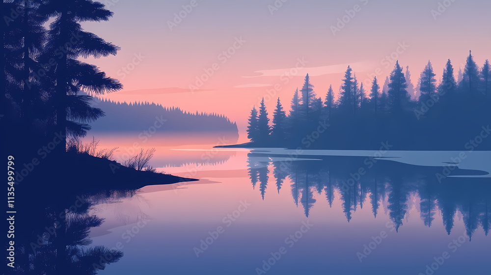 Fototapeta premium Reflection at dusk by the tranquil shore embracing the fading daylight. Nightfall. Illustration