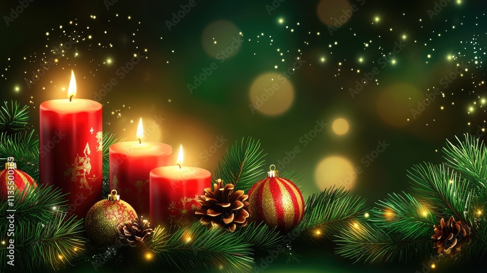 Festive Christmas Scene with Red Candles and Decorative Ornaments