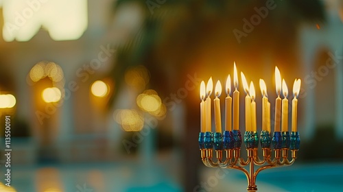 A cultural Hanukkah celebration with menorahs and dreidels against a cozy home interior backdrop, close-up shot, Cultural style photo