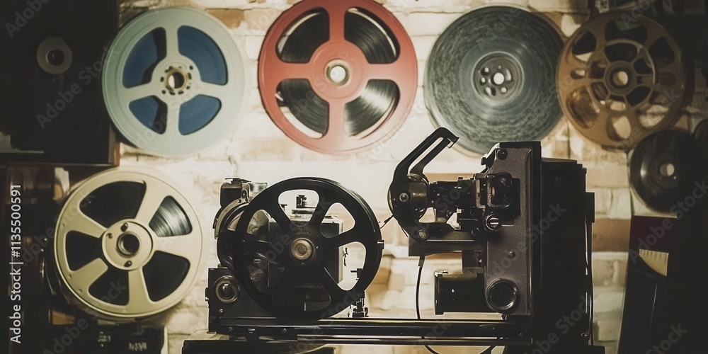 Classic 60 #39 s Film Projector reels spinning in a dimly lit room