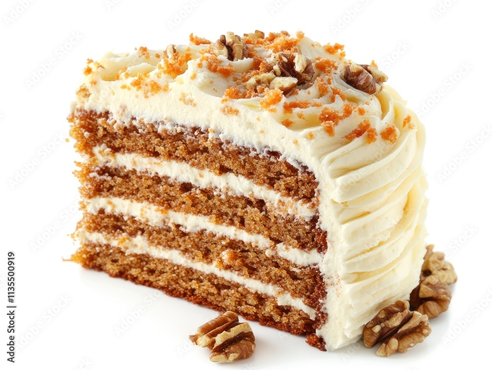 A slice of layered cake with cream frosting and nuts, showcasing a delicious dessert. A slice of layered cake with cream frosting and nuts, showcasing a delicious dessert.