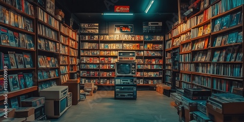 Classic 80s video rental store filled with colorful VHS tapes, nostalgic ambiance, retro decor, inviting aisles, vibrant movie posters