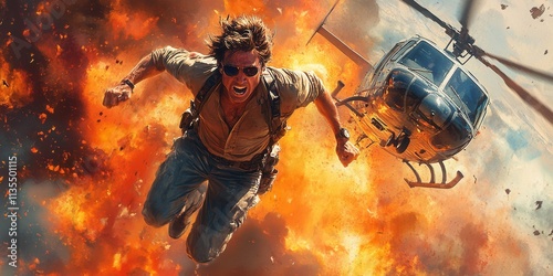 Heroic Leap from Exploding Helicopter, Dynamic action scene, retro 80s style, dramatic explosion, adrenaline-fueled adventure