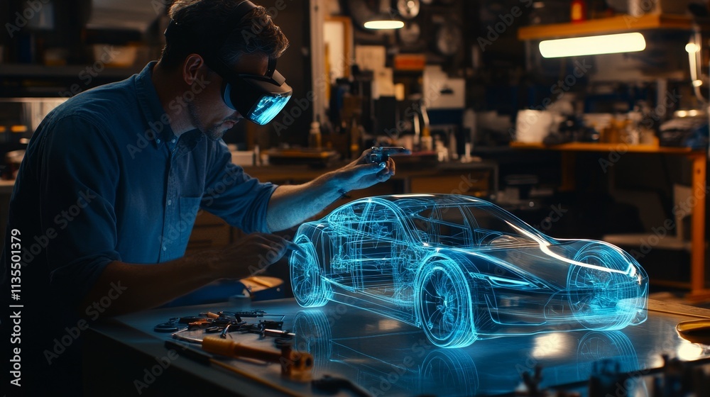 A man using vr technology to design a holographic electric car in a modern workshop setting A man using vr technology to design a holographic electric car in a modern workshop setting