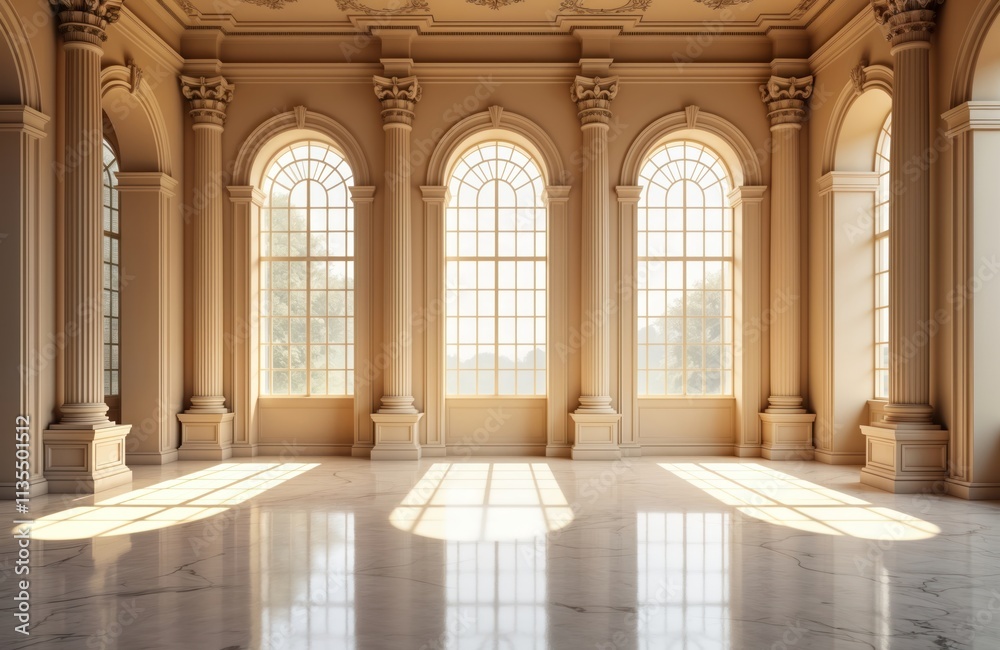 Empty elegant palace hall with large windows. Sunlight casts shadows on marble floor. Classic columns, archways create grand interior. Luxurious, rich decor. Spacious, well-lit room. Perfect for Empty elegant palace hall with large windows. Sunlight casts shadows on marble floor. Classic columns, archways create grand interior. Luxurious, rich decor. Spacious, well-lit room. Perfect for
