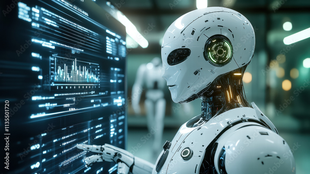 Artificial intelligence robot with a digital tablet and a big data network connection on a dark blue background Artificial intelligence robot with a digital tablet and a big data network connection on a dark blue background