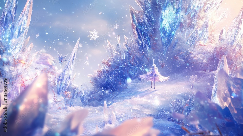 Fototapeta premium Enchanting Frozen Landscape with Crystal Formations and Snowflakes