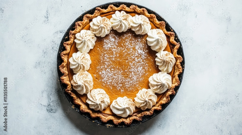 Delicious Pumpkin Pie with Whipped Cream and Spices on Light Background