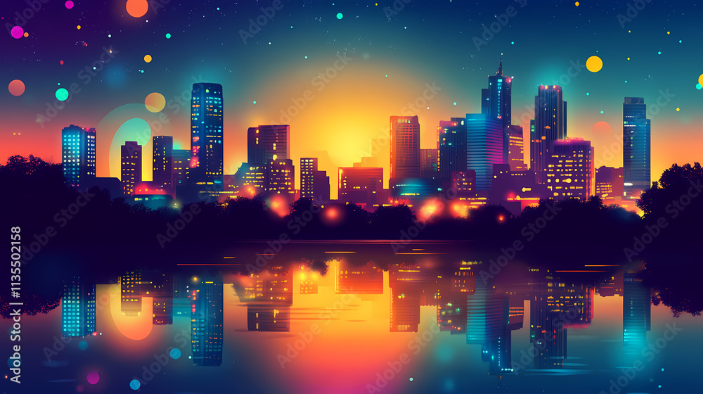 Austin skyline at dusk with colorful lights reflecting on the water, austin, texas, skyline, evening, dusk, lights. Nightfall. Illustration Austin skyline at dusk with colorful lights reflecting on the water, austin, texas, skyline, evening, dusk, lights. Nightfall. Illustration