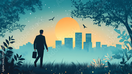 Businessman commuting from city into nature. Nightfall. Illustration