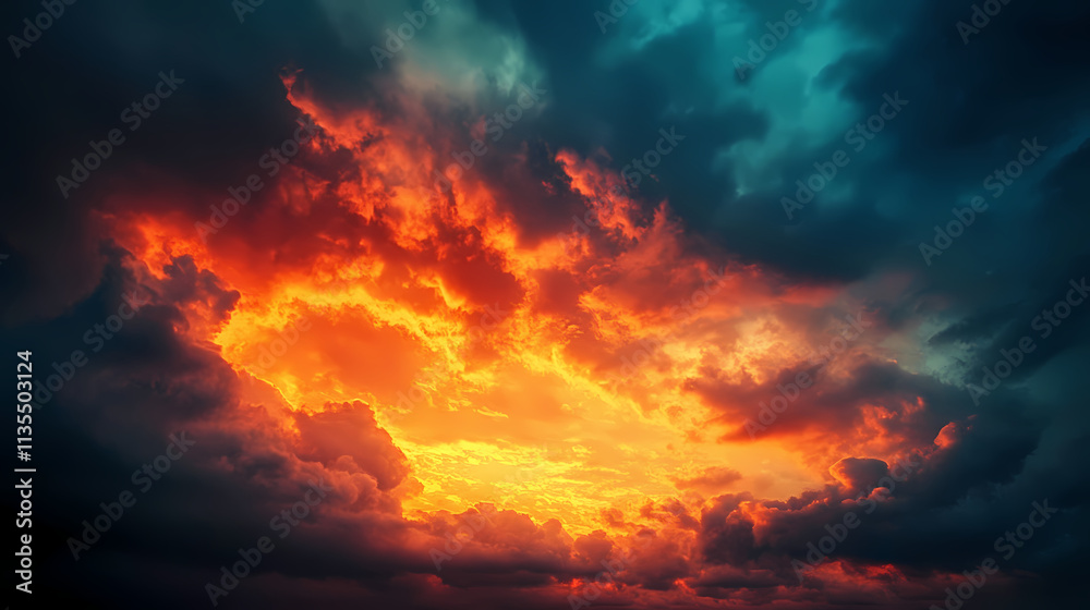 Dramatic glowing sunset sky with vibrant moody cloudy landscape. Nightfall. Illustration Dramatic glowing sunset sky with vibrant moody cloudy landscape. Nightfall. Illustration