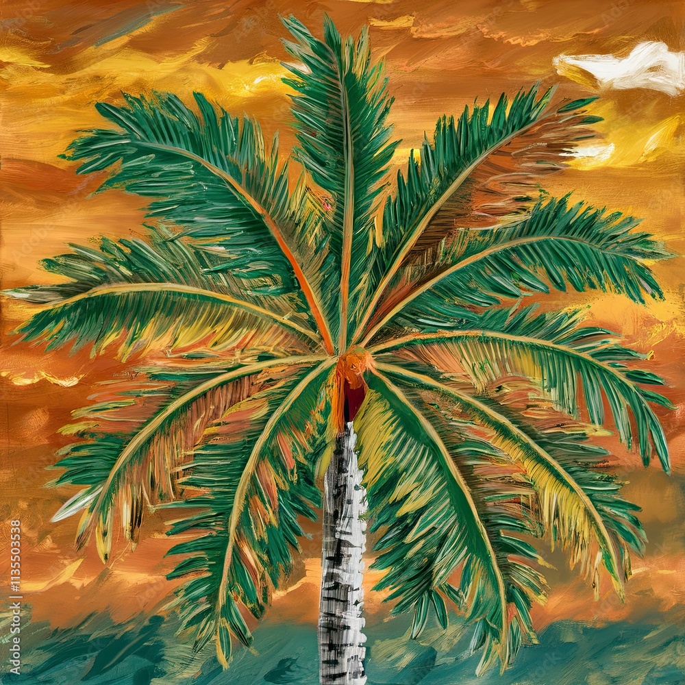 Vibrant Tropical Palm Tree with Detailed Leaf Patterns in Green, Orange, and Yellow Against a Golden Sunset Vibrant Tropical Palm Tree with Detailed Leaf Patterns in Green, Orange, and Yellow Against a Golden Sunset