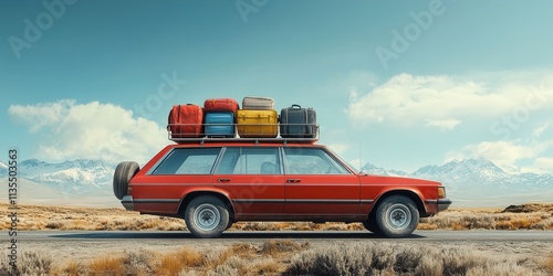 Nostalgic Family Journey in an 80s Station Wagon, luggage piled high, winding roads ahead, laughter filling the air, adventure awaits photo