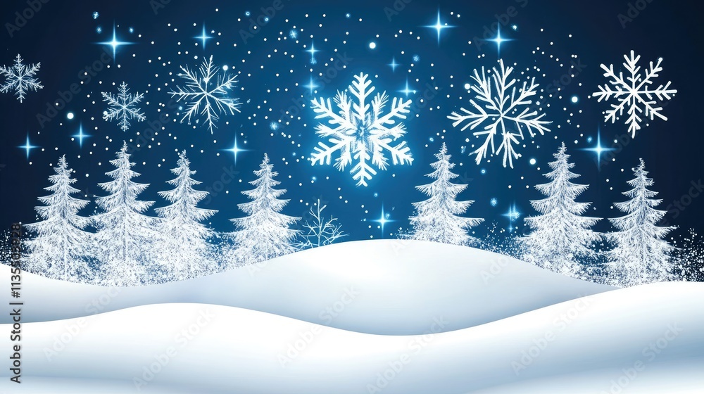 Winter Wonderland with Snowflakes and Pine Trees in Night Sky Winter Wonderland with Snowflakes and Pine Trees in Night Sky