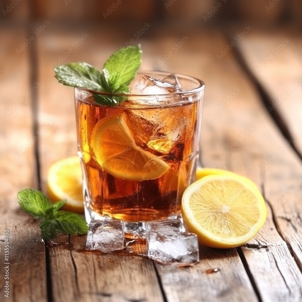 A refreshing drink with ice, lemon slices, and mint leaves on a wooden table.