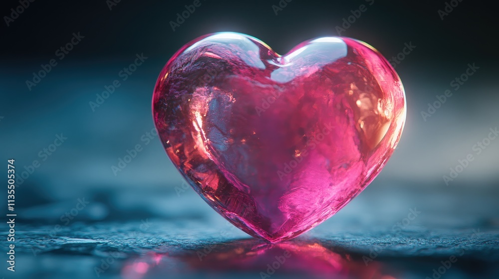 Fototapeta premium Shiny Transparent Pink Heart on Soft Blue Surface with Light Reflections