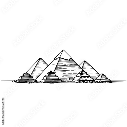 Hand Drawn Pyramids: A minimalist line drawing of the iconic pyramids of Giza, evoking a sense of ancient history, mystery, and wonder. Perfect for travel, history, and cultural themes. 