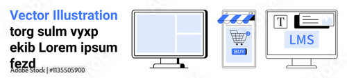 Computer monitors, online storefront, and LMS elements. Ideal for ecommerce, content creation, education, web development, digital marketing, training modules, virtual classrooms. Landing page