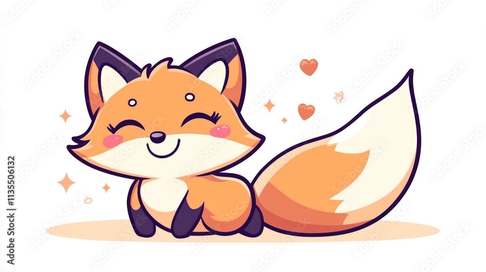 Cute orange fox cartoon smiles, hearts, sparkles, white background. Cute orange fox cartoon smiles, hearts, sparkles, white background.