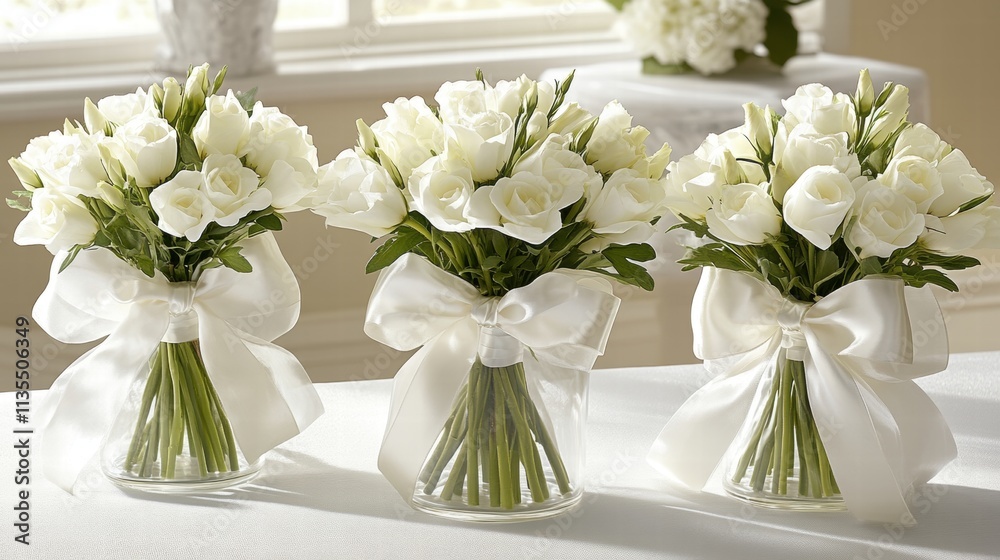 Three White Rose Bridal Bouquets in Glass Vases Three White Rose Bridal Bouquets in Glass Vases