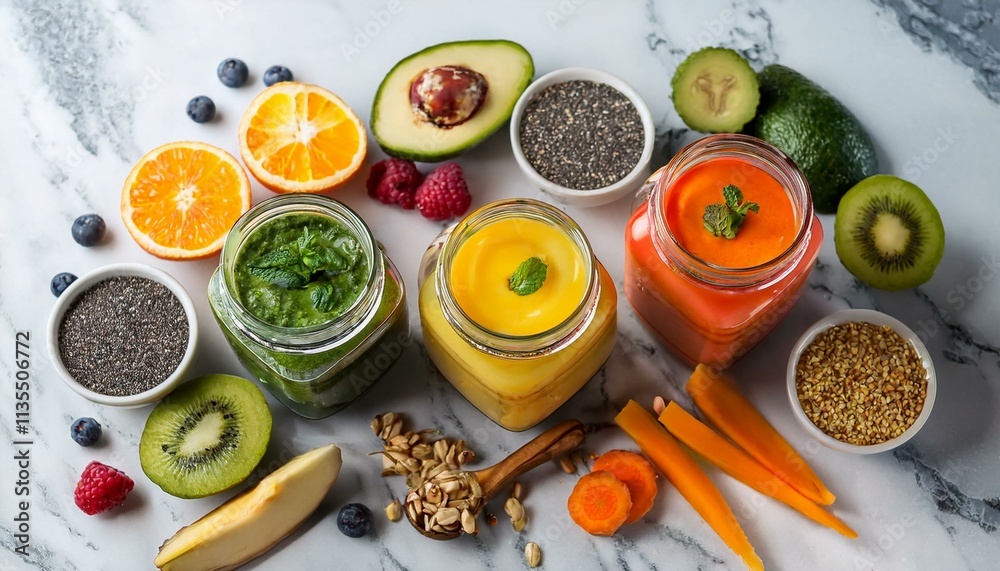 Three vibrant smoothies: green, yellow, and orange. Healthy and delicious! Three vibrant smoothies: green, yellow, and orange. Healthy and delicious!