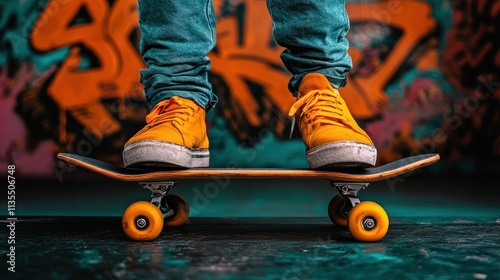 Fototapeta Naklejka Na Ścianę i Meble -  A close-up of a skateboard with bright orange shoes on it, set against a colorful graffiti background.