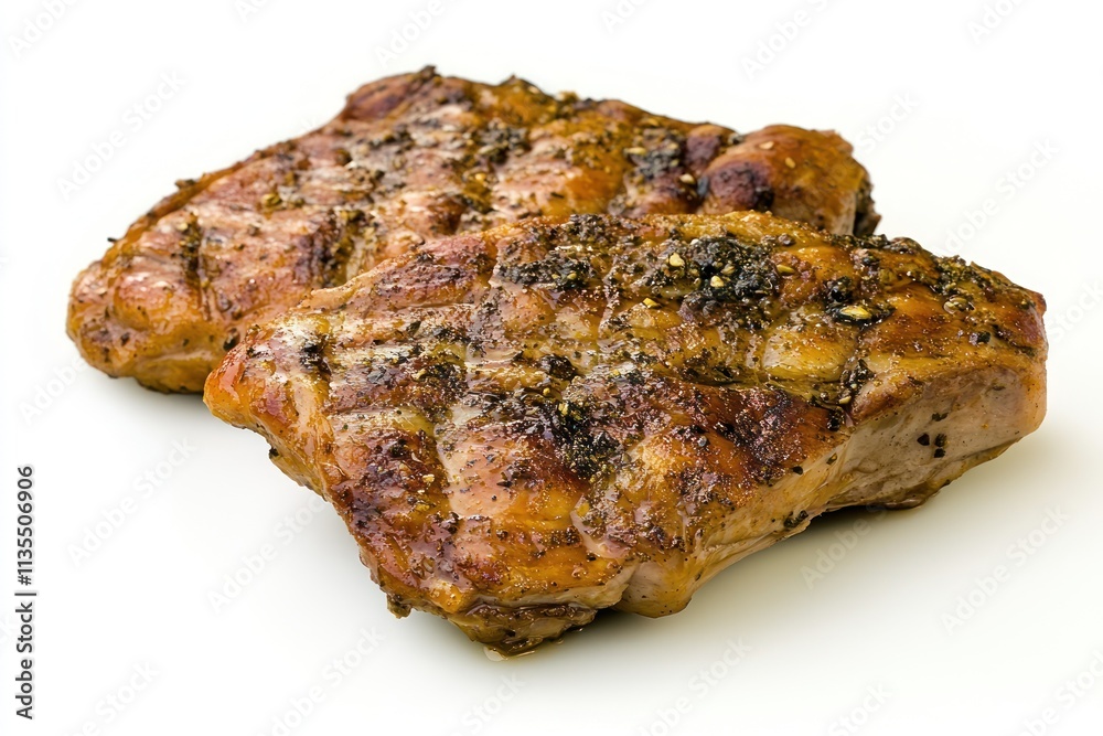 Two seasoned grilled pork chops on white background. Two seasoned grilled pork chops on white background.