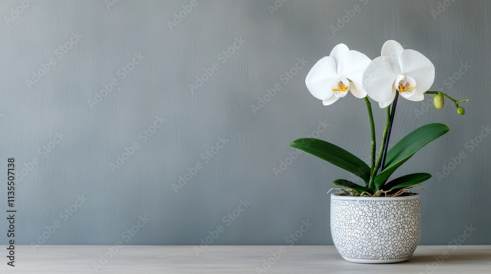 Serene White Orchid in Elegant Pot Against Gray Wall Serene White Orchid in Elegant Pot Against Gray Wall
