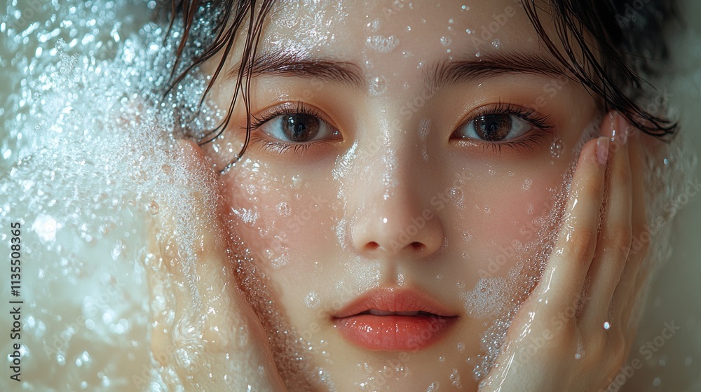 A close-up of a woman's face submerged in bubbles, conveying serenity and beauty. A close-up of a woman's face submerged in bubbles, conveying serenity and beauty.