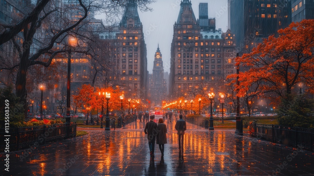 Naklejka premium Detectives searching for clues in a rainy urban setting during autumn evening light