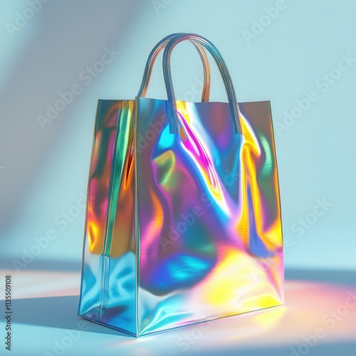 Holographic bag with a matte white panel for customizable text, perfect for events or branding, eye-catching design, versatile usage. photo