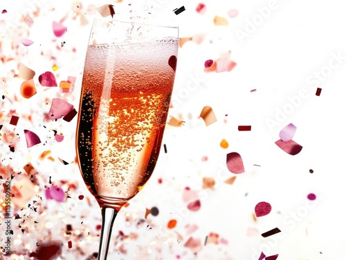 A sparkling drink in a glass surrounded by colorful confetti, celebrating a festive occasion.