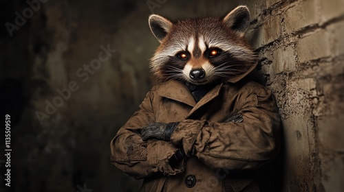 A raccoon in a trench coat leans against a wall, exuding a mysterious vibe. photo