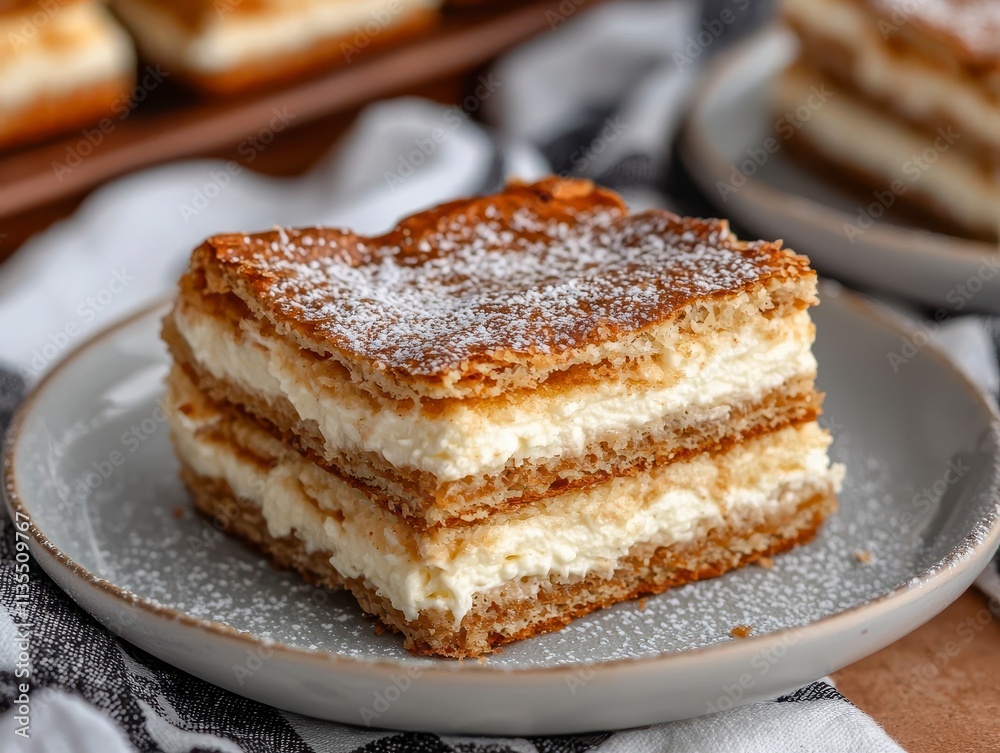 Delicious Creamy Layered Pastry Dessert on Plate Delicious Creamy Layered Pastry Dessert on Plate
