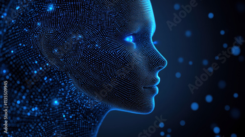 A blue digital human head composed of glowing lines, close-up side view