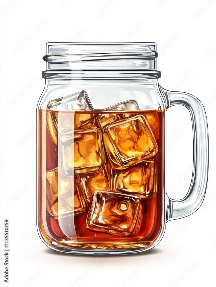 A glass mason jar filled with ice cubes and a dark beverage. A glass mason jar filled with ice cubes and a dark beverage.