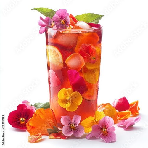 A vibrant floral drink garnished with colorful petals and fruits, served in a tall glass.