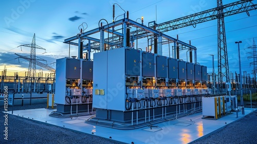 Industrial power facility at dusk with electrical equipment and transmission lines. photo