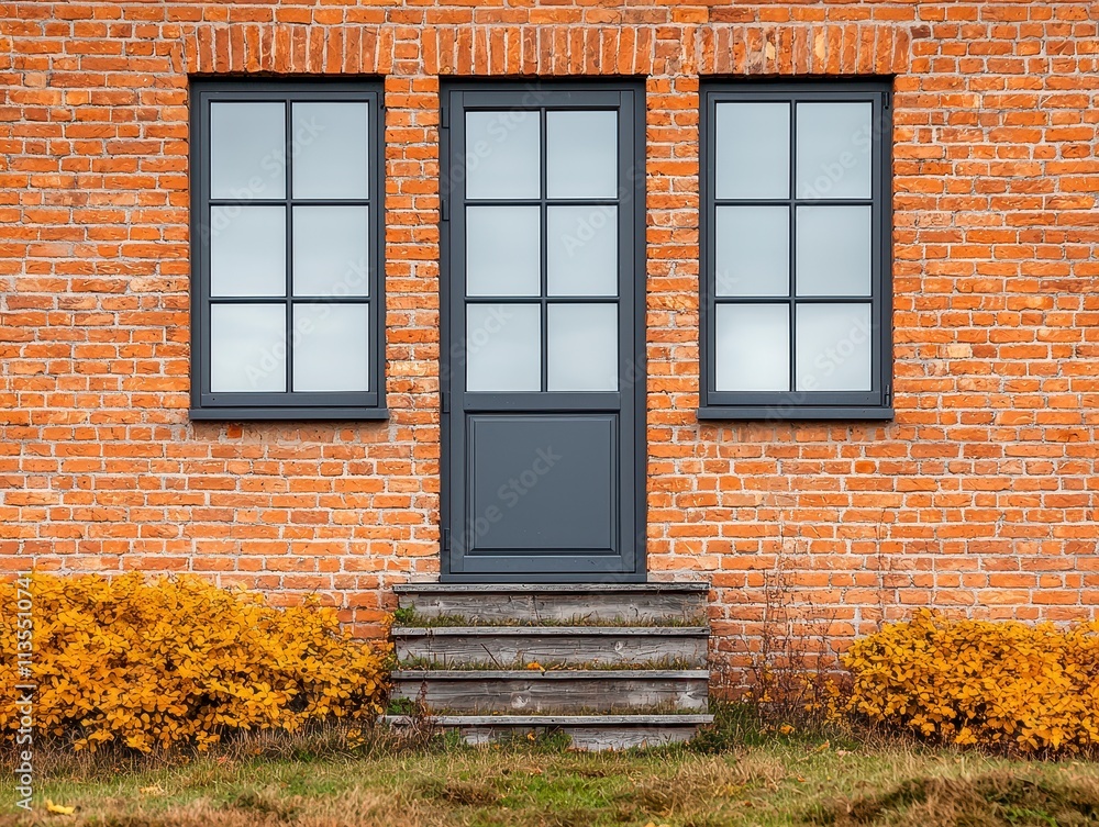 Brick Building Exterior with Grey Door and Windows Autumn Foliage Brick Building Exterior with Grey Door and Windows Autumn Foliage