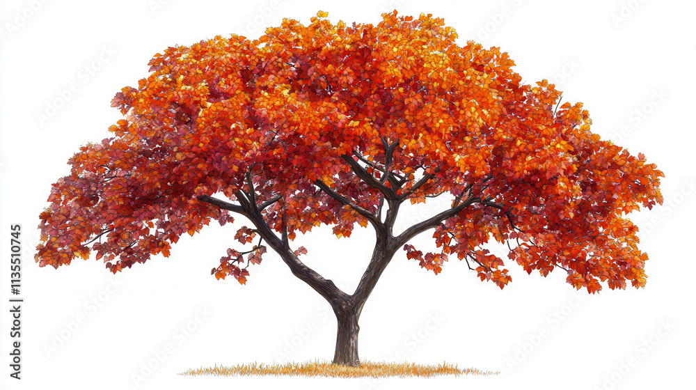 A highly detailed and stylized cut-out image of a tree with vivid red and orange leaves, a slender brown trunk, surrounded by a minimalist white background. The tree is depicted in a natural A highly detailed and stylized cut-out image of a tree with vivid red and orange leaves, a slender brown trunk, surrounded by a minimalist white background. The tree is depicted in a natural