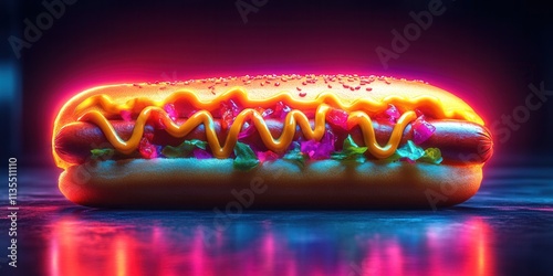 Vibrant Holographic Hotdog Icon, glowing with colorful condiments, eye-catching design, fun and playful digital art element photo